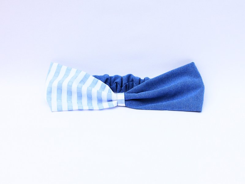 【The MAMA's Closet】Denim with Checked Headband (Light blue checked) - Hair Accessories - Cotton & Hemp Multicolor