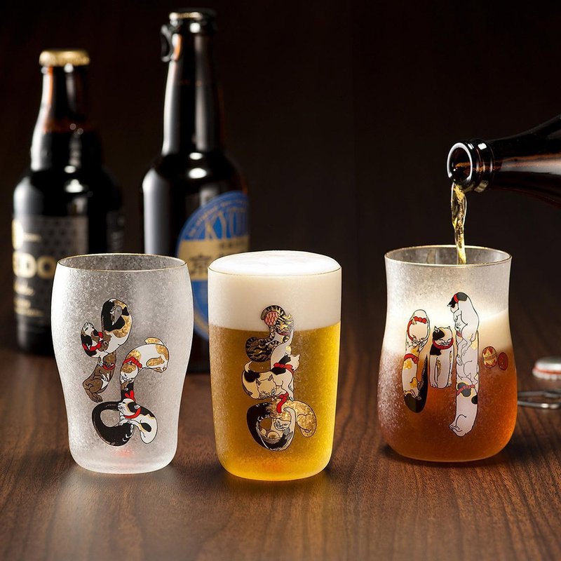 ADERIA 江戶貓平假名啤酒杯三件組(3入木盒禮盒組) - 酒杯/酒器 - 玻璃 多色