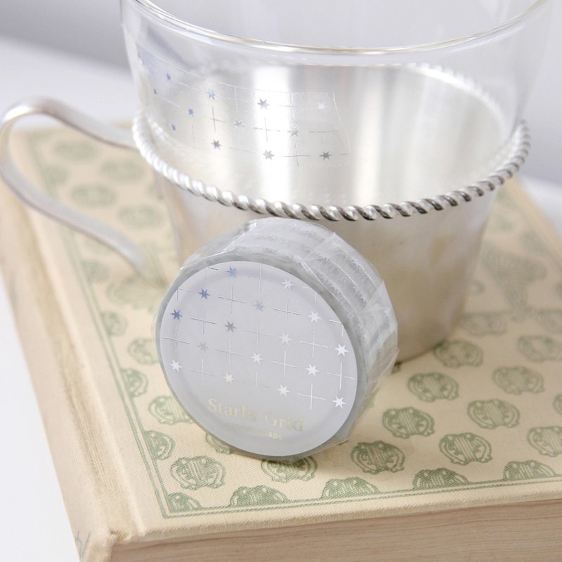 Starlit Grid Silver Foil Hand Cutting Clear Tape - 紙膠帶/和紙/PET - 其他材質 銀色