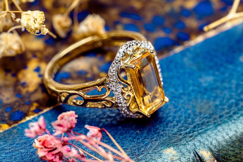 純銀 戒指 - 黃水晶鑲鑽純銀鍍金戒指 - 西洋古董首飾
