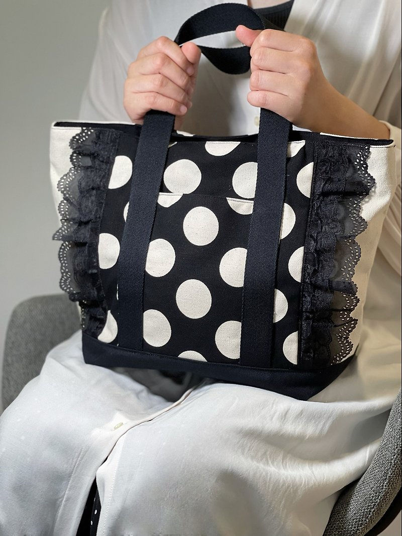 Black and white polka dot lace canvas tote bag - Handbags & Totes - Cotton & Hemp Black