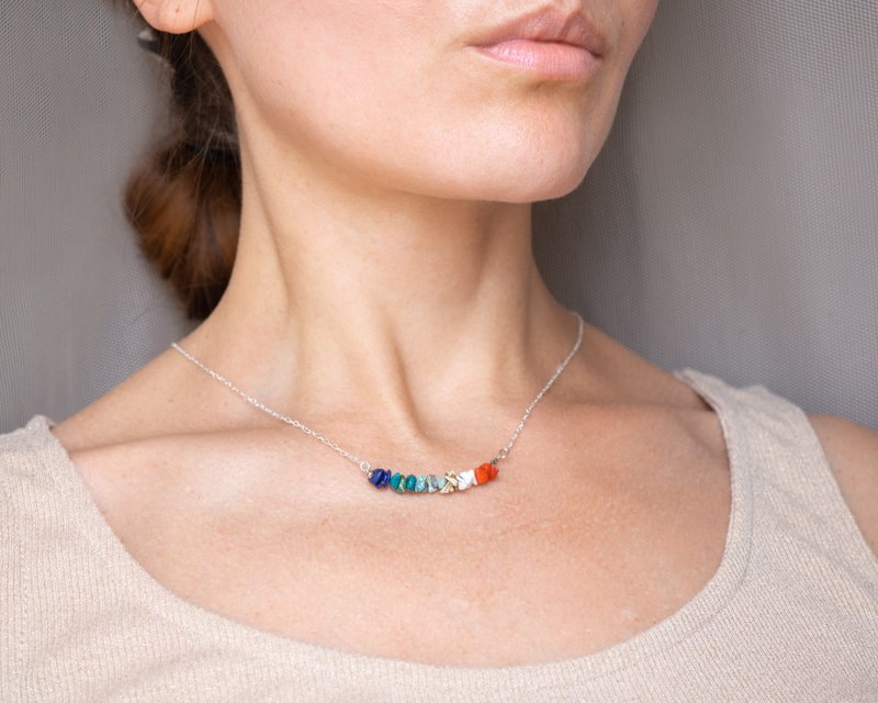 Summertime Crystals Necklace / bracelet, 925 Silver, Jasper, Coral, Chrysocolla - 項鍊 - 水晶 多色