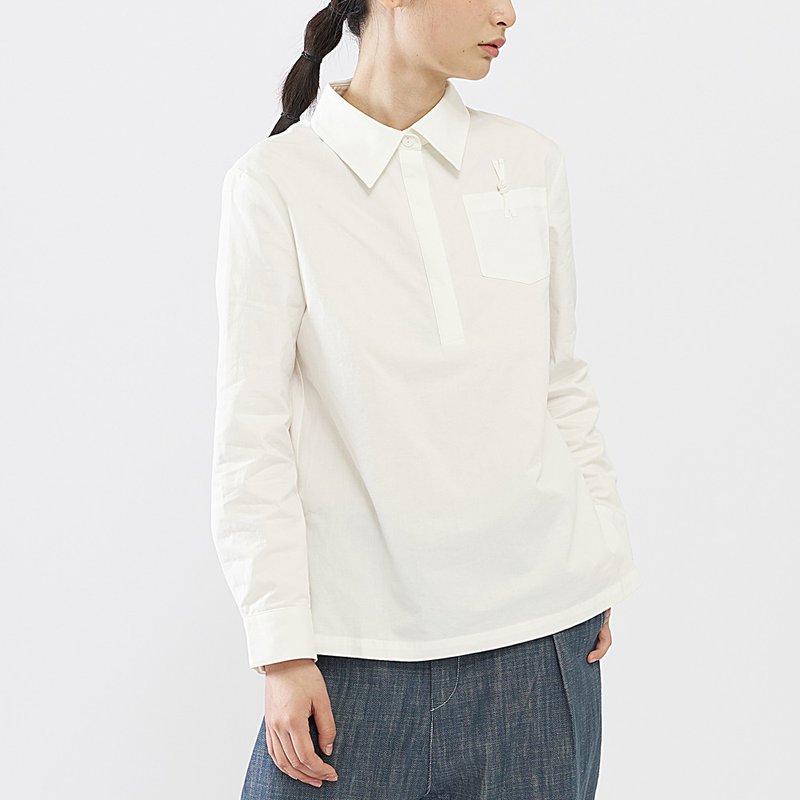 2色可選 棉質polo領長袖套頭襯衫 中國風盤扣設計 SH200902 - 女襯衫 - 棉．麻 白色