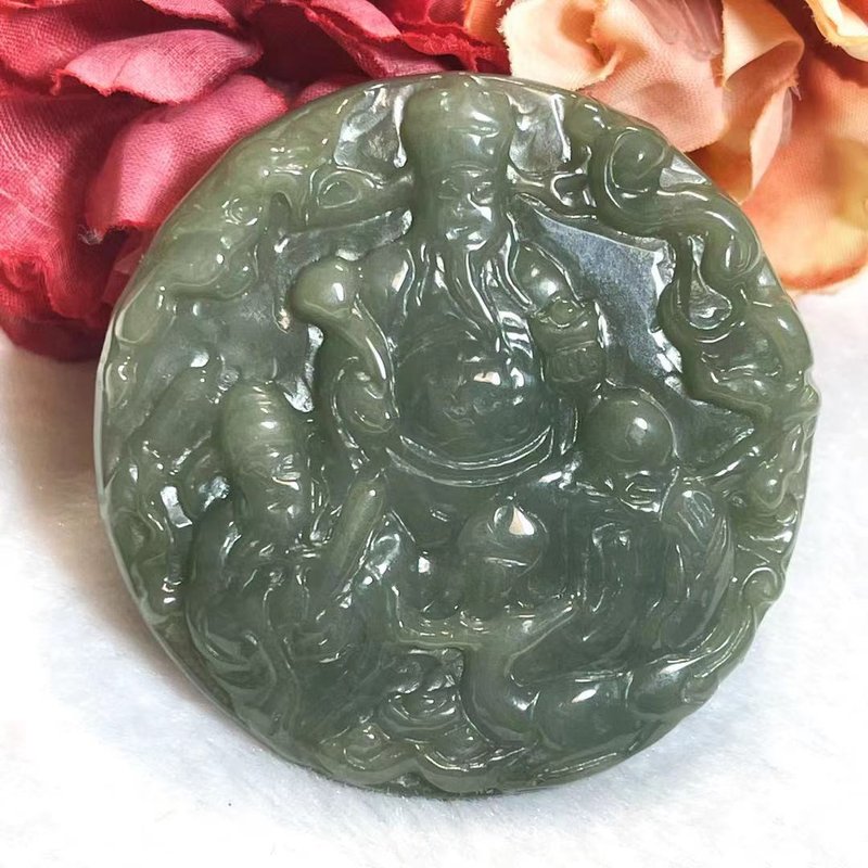 多寶晶石/天然翡翠A貨三仙牌/油青/福祿壽/祝壽禮/財子壽/財神爺 - 項鍊 - 玉石 綠色