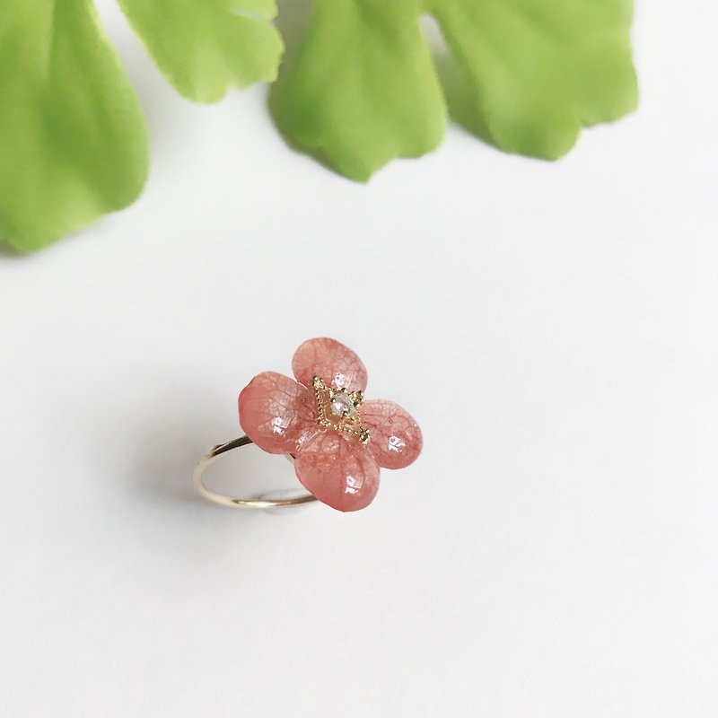 真花紅色繡球花 立體真花珠寶戒指 鍍金  - 戒指 - 植物．花 紅色