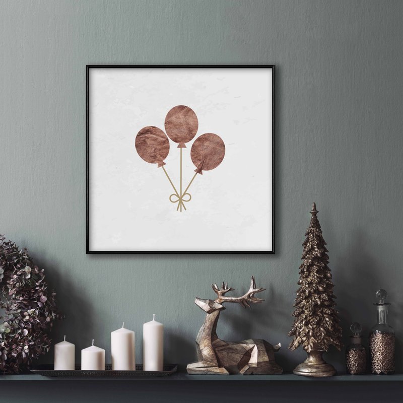 Winter gifts - balloon- Square Prints, Wall Art, Winter print, Christmas - โปสเตอร์ - ผ้าฝ้าย/ผ้าลินิน สีทอง