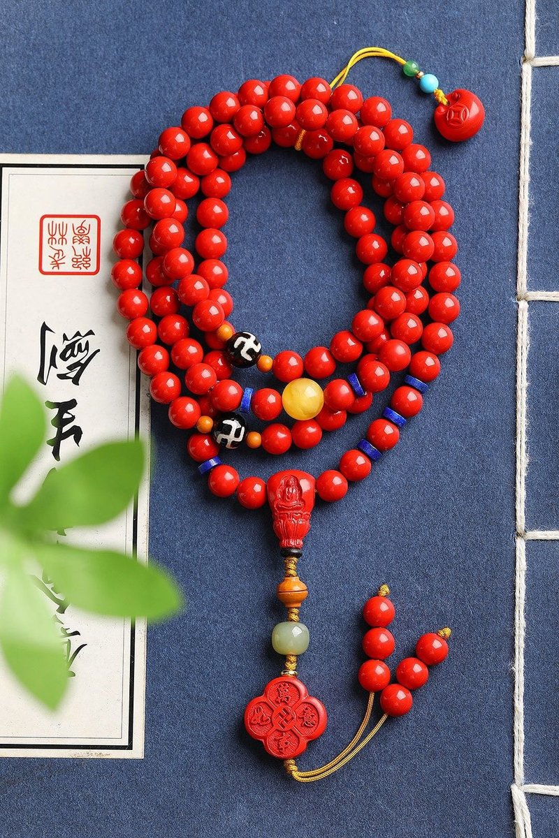 天然原礦硃砂精品紅砂108顆佛珠項鏈規格7mm 硃砂含量高達95%以上 - 手鍊/手環 - 寶石 