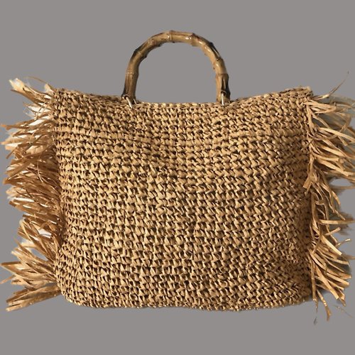OgilHandMade Crochet Straw Bag with Bamboo Handles, Summer Straw Bag Tote,