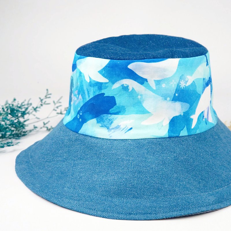 Handmade double-sided bucket hat - หมวก - ผ้าฝ้าย/ผ้าลินิน สีน้ำเงิน