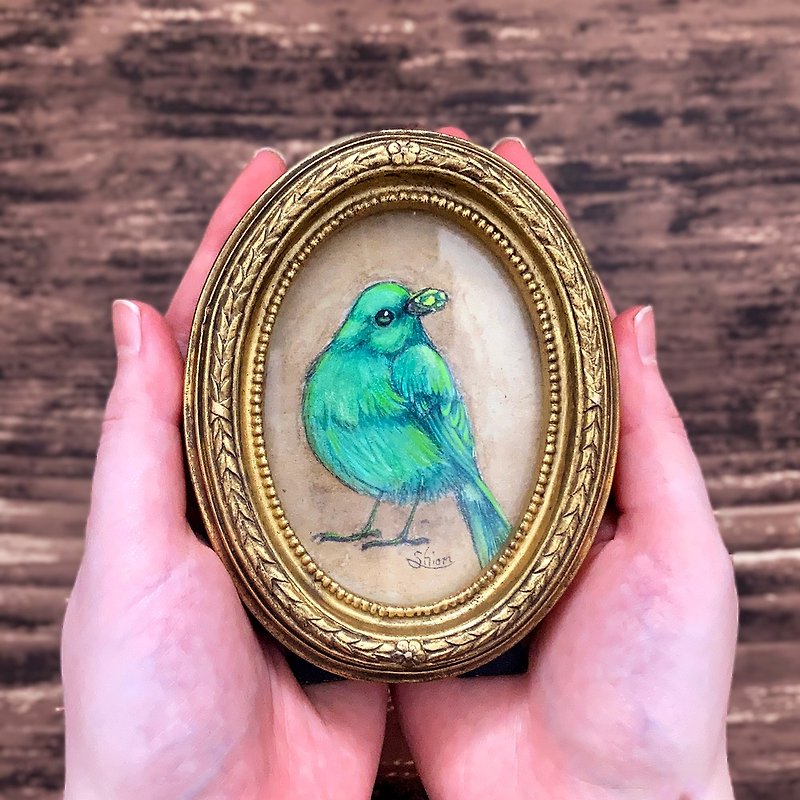誕生石の小鳥さん 5月 エメラルド-A　 　　　　/　小鳥　繪畫　仿古風格　古董　室内装饰 - 掛牆畫/海報 - 紙 綠色