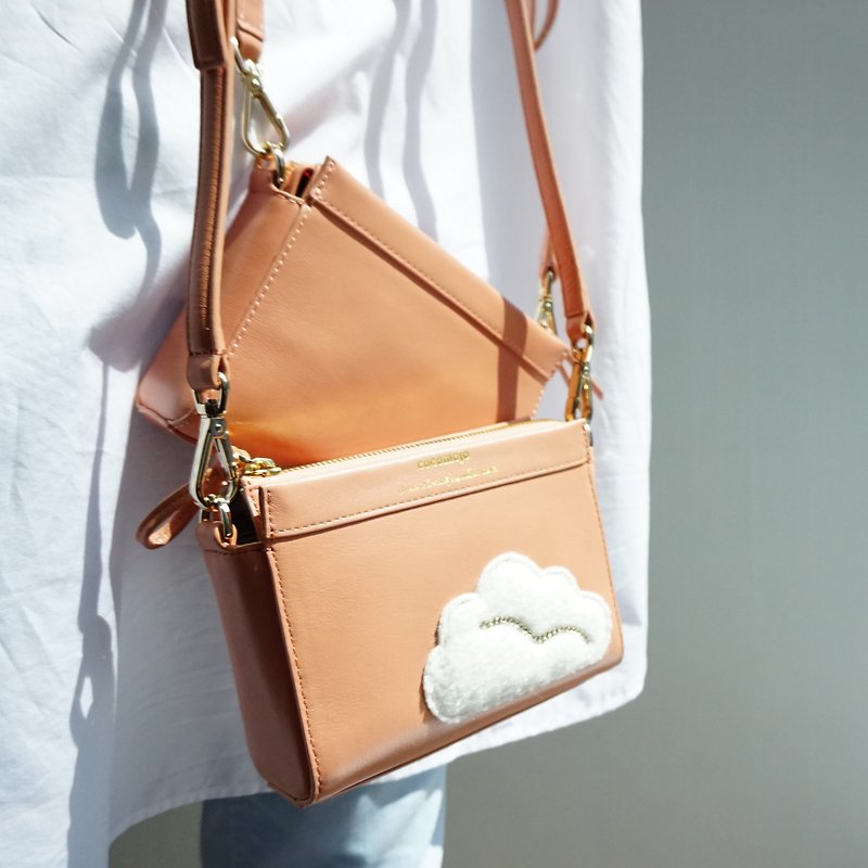 Peach-colored Italian leather cross-body bag (net color / small cloud models) - กระเป๋าแมสเซนเจอร์ - หนังแท้ 