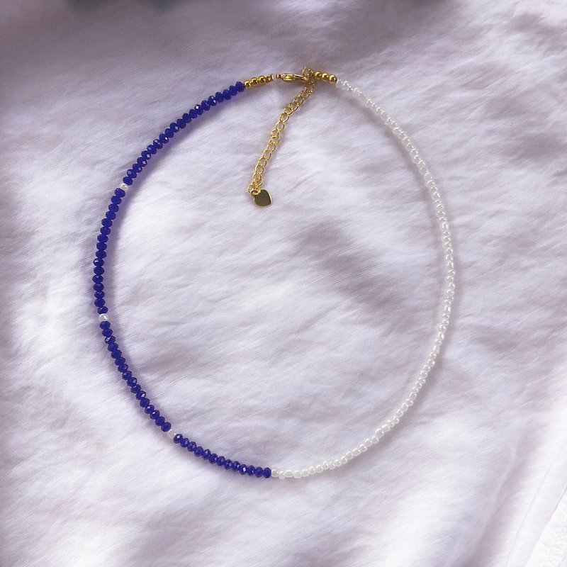beaded necklace/ dainty pearl choker /lapis crystal /aesthetic jewelry for women - 項鍊 - 貴金屬 藍色