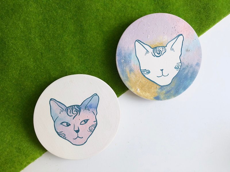 Hand paint ceramic Galaxy Cat -Absorbent Coaster - Coasters - Pottery Blue