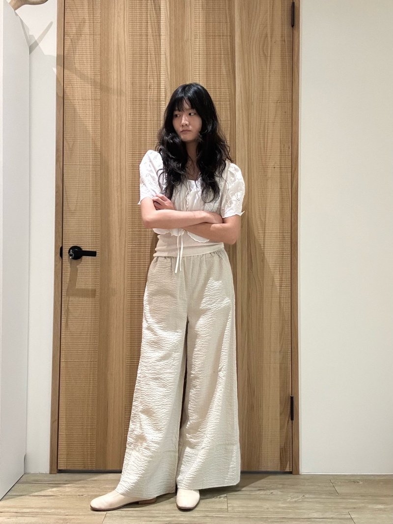 肌理匹克拼接寬褲 - 女裝闊腳褲/長褲 - 棉．麻 卡其色