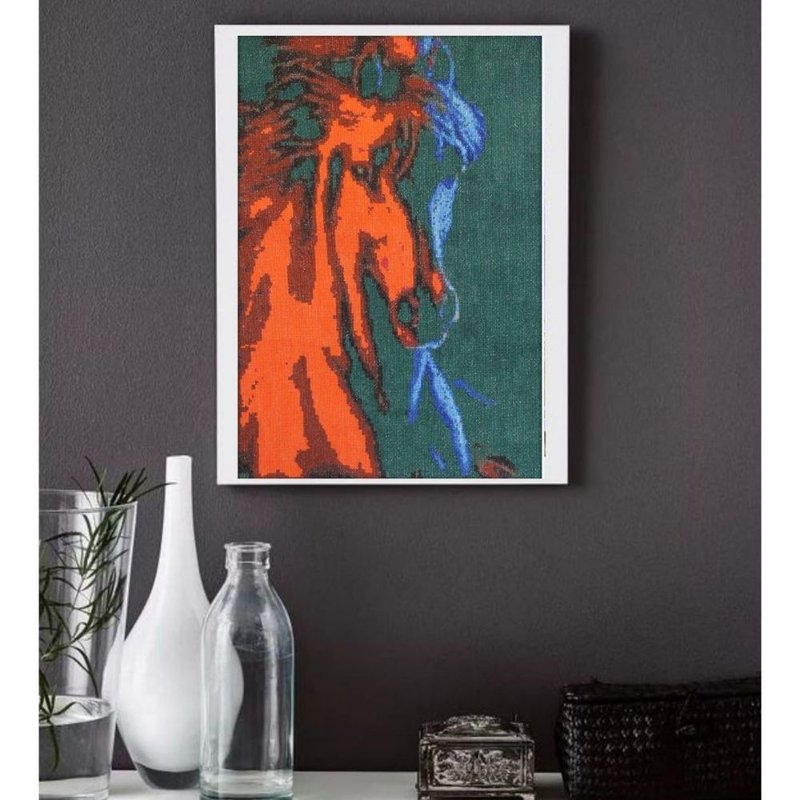 Handmade painting, Portrait red and blue horse for wall decor, Finished cross st - Posters - Thread Black