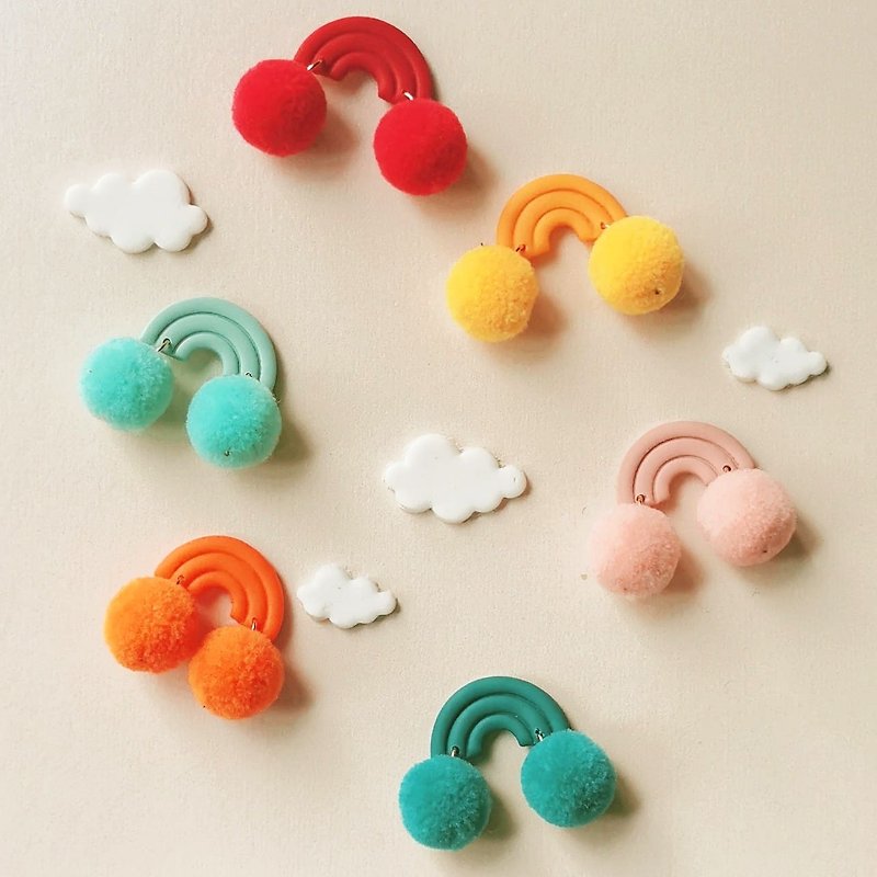 bi playful//Rainbow small hair ball handmade soft clay earrings - ต่างหู - ดินเหนียว หลากหลายสี