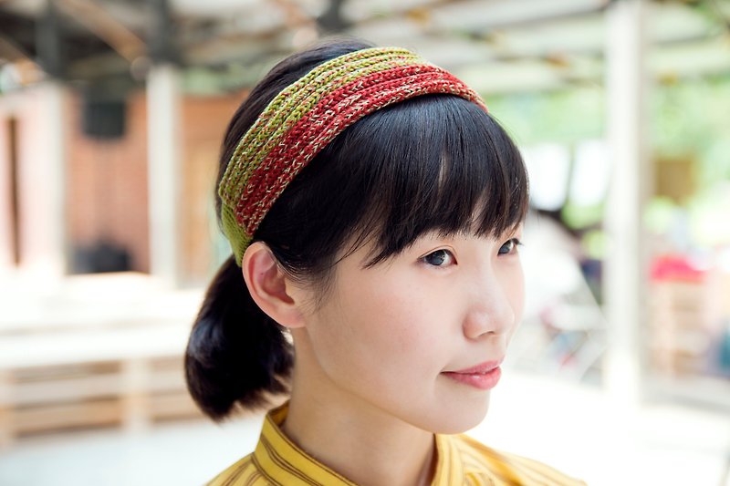 Two-color knot with hair band - mustard green orange - Hair Accessories - Cotton & Hemp Red