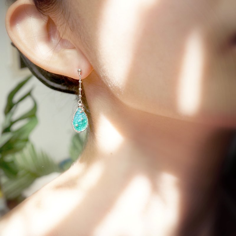 海洋系列-湛藍琺瑯銀耳環-----垂吊耳環-水滴款 - 耳環/耳夾 - 純銀 銀色