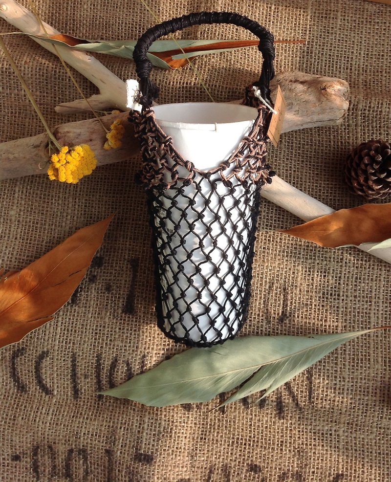 S type American hand-woven twine - black + light brown - glass bottle - coffee cup - hand cup - Beverage Holders & Bags - Cotton & Hemp 