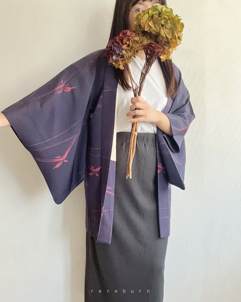 日本製和風印花紫色古著羽織和服外套 - 女大衣/外套 - 聚酯纖維 紫色