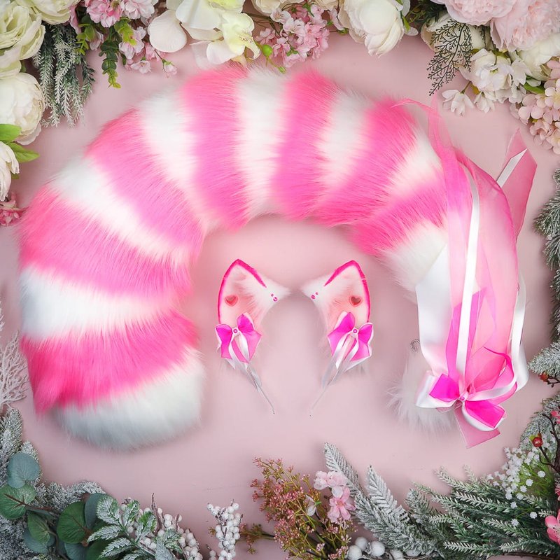 White and Pink Cheshire Cat Ears and Tail Set - 髮夾/髮圈 - 其他人造纖維 粉紅色