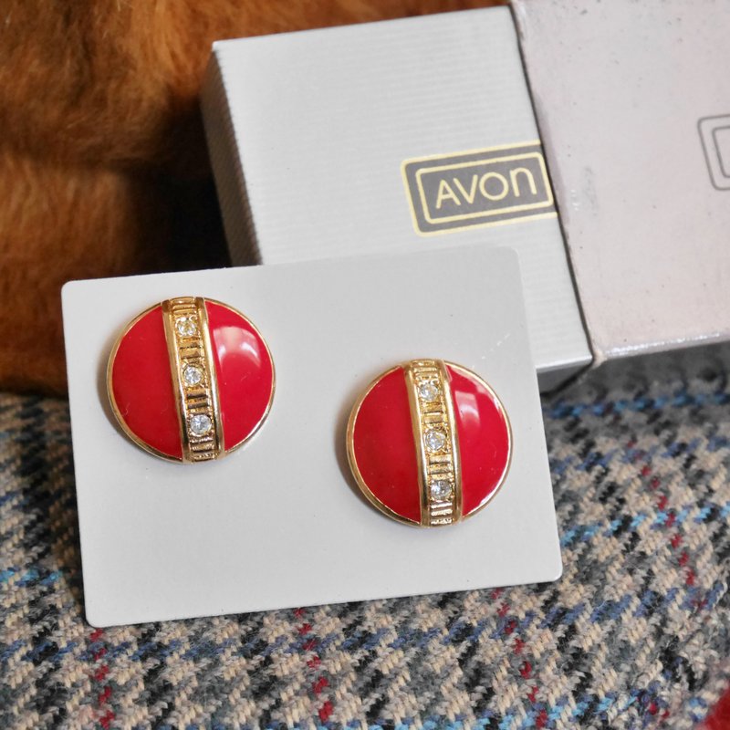 Old and good antique jewelry gold red enamel Stone round needle earrings medical steel needle Avon - Earrings & Clip-ons - Other Metals Gold