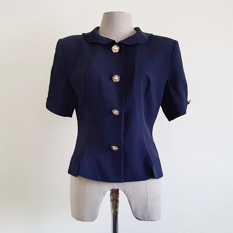 Small Vintage Navy Blue Jacket Womens Short Sleeve Blazer Polyester Jacket S - 女西裝外套 - 聚酯纖維 藍色