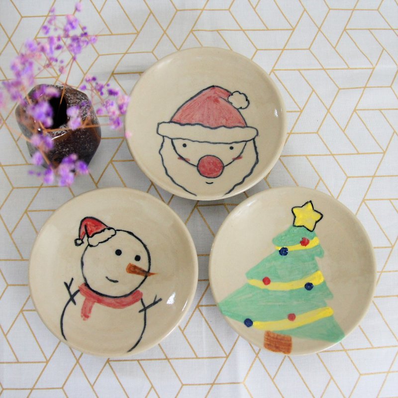 Cute Christmas hand-painted pottery plate, dinner plate, dinner plate, fruit plate, dessert plate-about 12 cm in diameter - Small Plates & Saucers - Pottery Multicolor