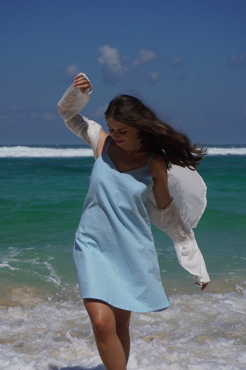 Natural linen summer dress Pure linen spaghetti strap gown Organic linen - One Piece Dresses - Eco-Friendly Materials Blue