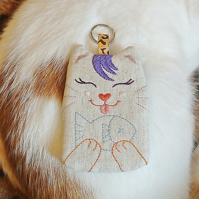 イカを盗む猫少年_手作り刺繍カードホルダー - パスケース - コットン・麻 ブルー
