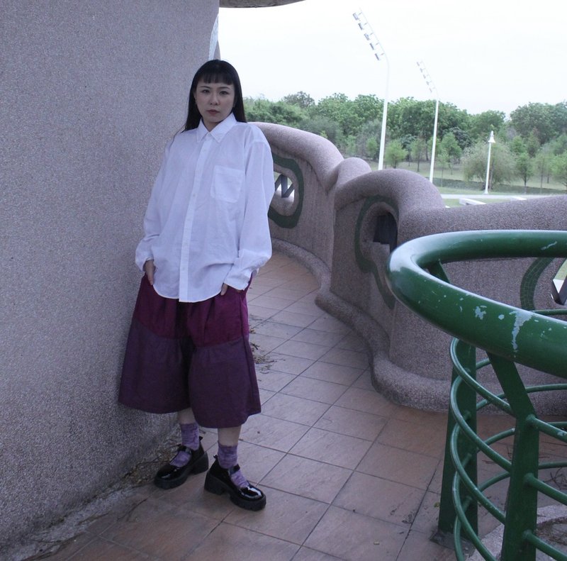 寬鬆八九分短褲 花街雙色拼接 - 女長褲 - 棉．麻 紫色