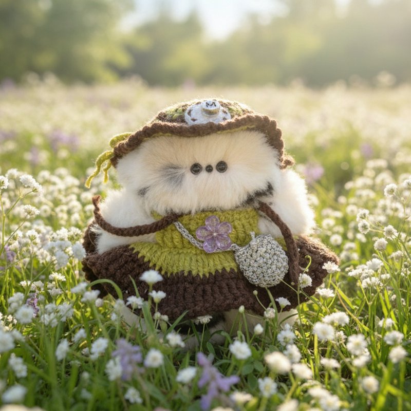 backpack keychain Cat doll crochet(  + Silver bag, Olive Green Brown hat, dress) - 鑰匙圈/鑰匙包 - 其他材質 咖啡色