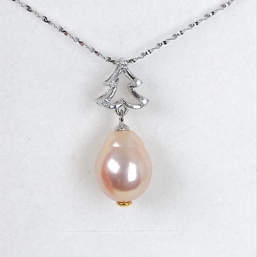 Soulrelle 珍珠館 。可愛蜜桃粉色。天然淡水巴洛克水滴珍珠。925純銀聖誕樹頸鏈。