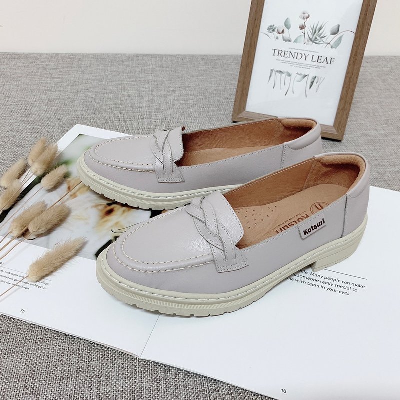 Leather Woven Moccasin British Shoes _ Morandi Grey - รองเท้าหนังผู้หญิง - หนังแท้ สีเทา