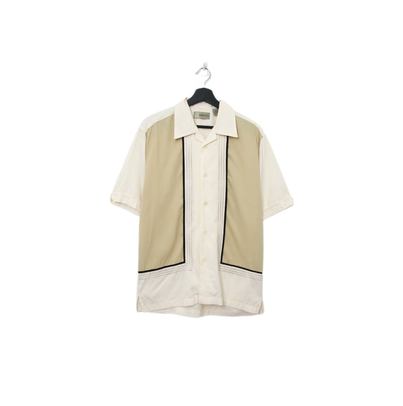 Back to Green-古巴短袖襯衫 米白黑線條 cs-10// vintage shir - 男襯衫/休閒襯衫 - 棉．麻 