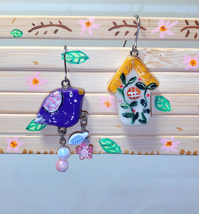小鳥房屋 手作黏土耳環 手繪捏製 不銹鋼 吊墜款 - 耳環/耳夾/耳骨夾 - 黏土 紫色