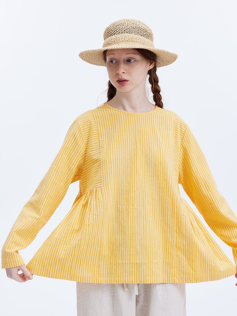 Yellow yarn-dyed stripes make you look white and loose babydoll style pullover shirt with ties - Women's Tops - Cotton & Hemp Yellow