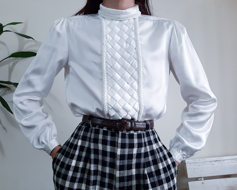 1980年代白色高領泡泡袖襯衫浪漫白色緞面襯衫紐扣襯衫 - 女襯衫 - 聚酯纖維 白色