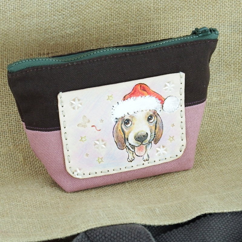 Christmas dog leather canvas small storage cosmetic bag - Toiletry Bags & Pouches - Genuine Leather Brown