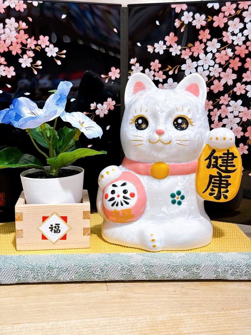 【達摩安康】日本清水燒招財貓 | 達摩花結晶 - 白健康 - 擺飾/家飾品 - 瓷 白色