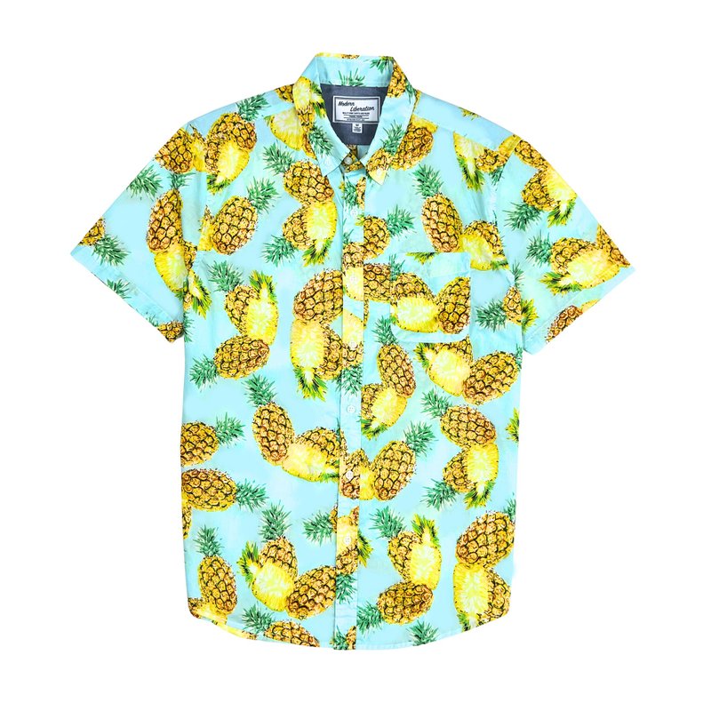 Men's Pineapple Print Shirt 鳳梨印花襯衫 - 男襯衫/休閒襯衫 - 棉．麻 藍色