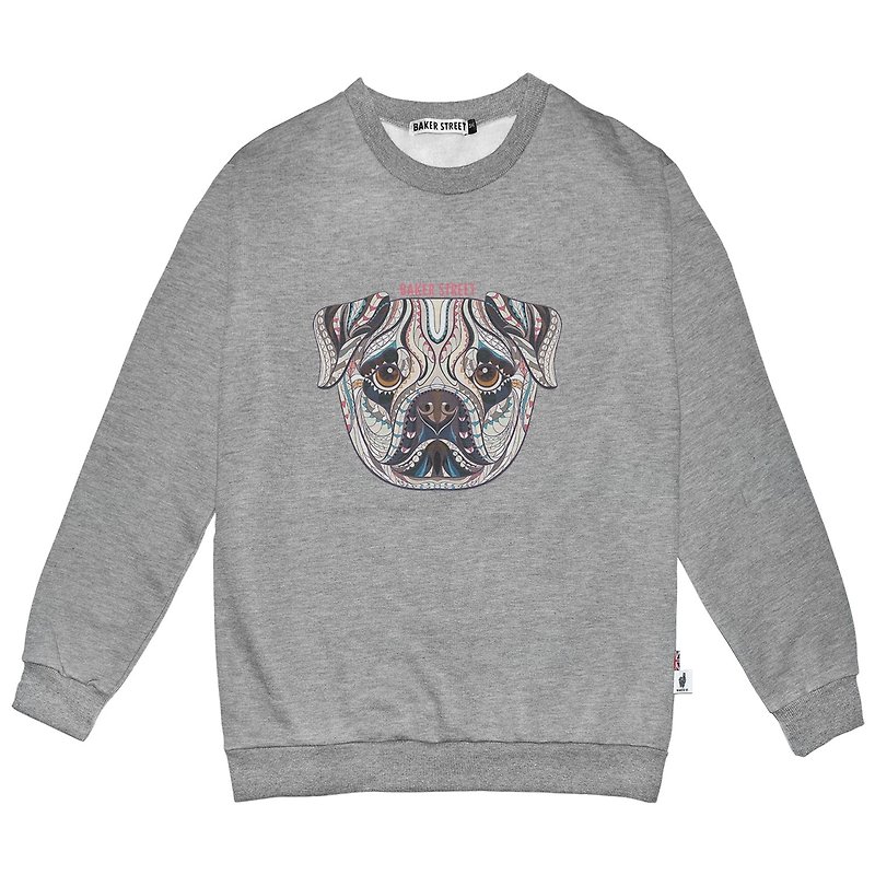 British Fashion Brand -Baker Street- Zentangle Bulldog Printed Sweatshirt - Women's Tops - Cotton & Hemp Gray