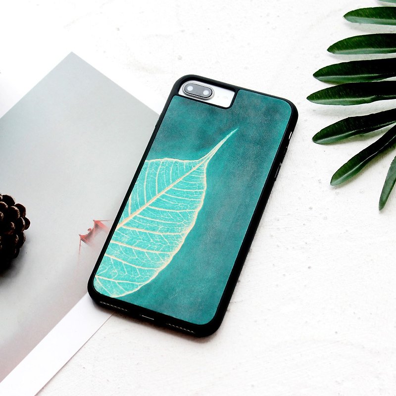 Bodhi Leaf Dark Green iphone xs max xr 6 7 8 plus x Leather Phone Case Cover - เคส/ซองมือถือ - หนังแท้ สีเขียว