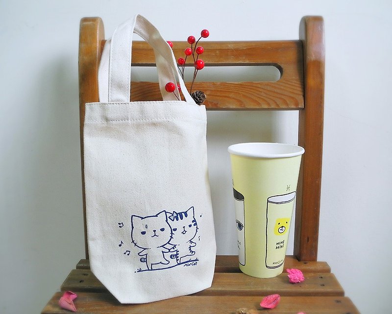 Canvas Big Drink Bag Small Series - Take a walk together to print the handle bag - ถุงใส่กระติกนำ้ - ผ้าฝ้าย/ผ้าลินิน ขาว