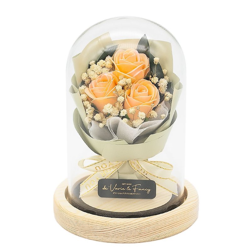 Devalier Soap Flower, Flower Dome, Rose, Bouquet, Natural Wood, Glass, Birthday Gift, Female Flower lover , Devalier Original hi-01-ora - Items for Display - Glass Orange