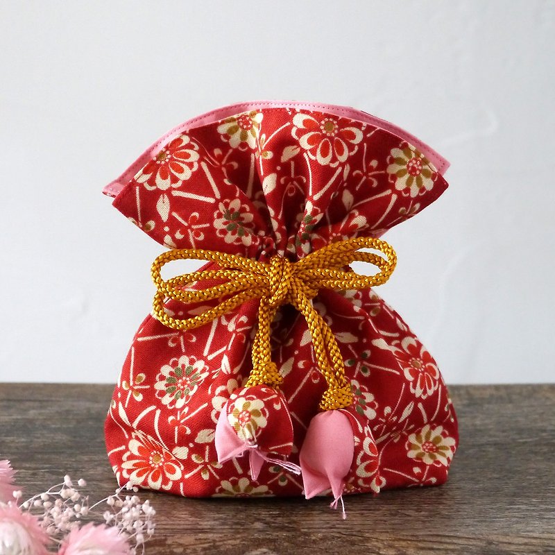 幸せ巾着　FUGURO　菊文 - 化妝包/收納袋 - 棉．麻 紅色