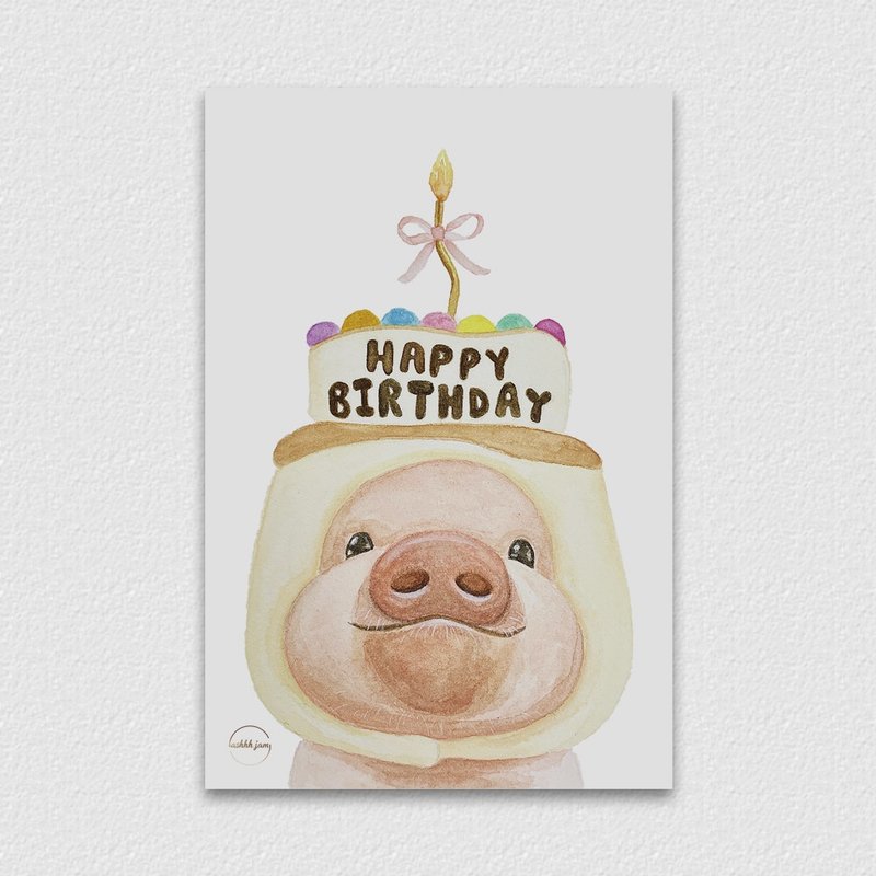 水彩插畫動物明信片 - 生日豬 手繪 水彩 插畫 - 卡片/明信片 - 紙 粉紅色