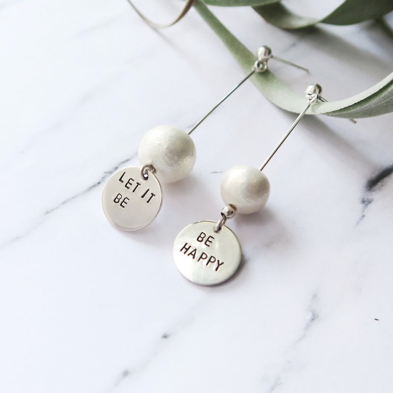 925 Sterling Silver Japanese Cotton Pearl - Asymmetrical - A Pair of Customized Alphabet Stamped Earrings - ต่างหู - เงินแท้ ขาว