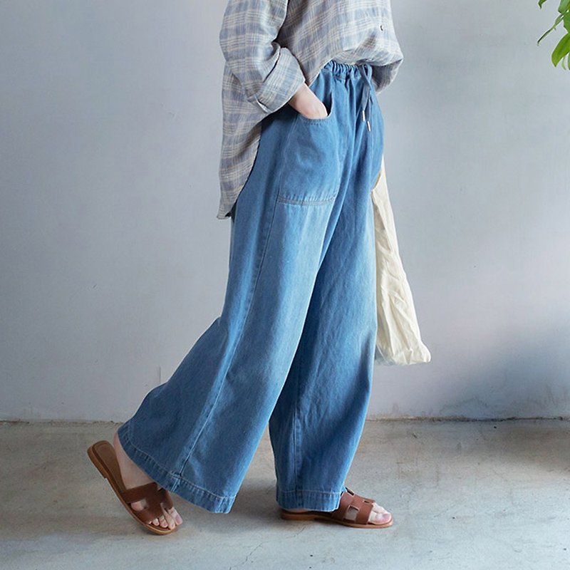 Denim casual drawstring wide pants blue F - Women's Pants - Cotton & Hemp Blue