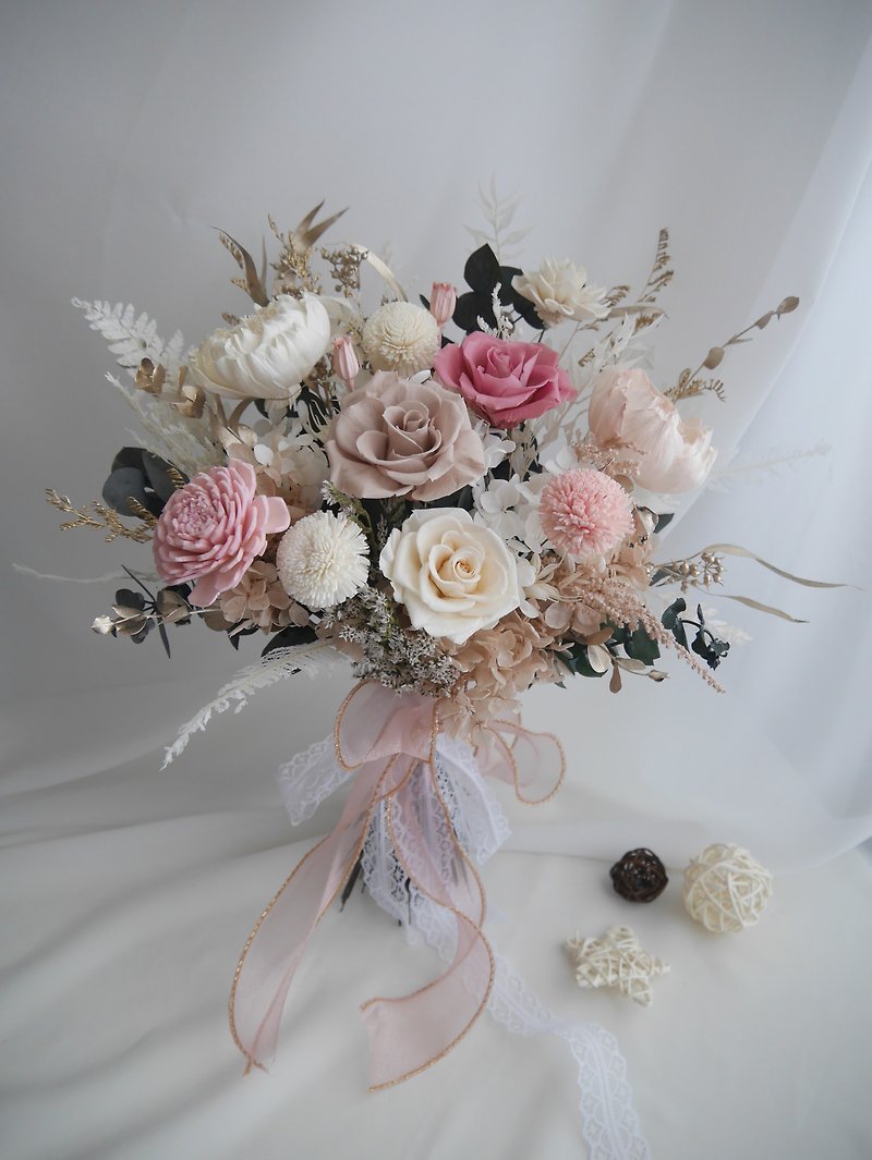 Morandi powder Korean eternal life bouquet/bridal bouquet/photo bouquet/customization - ช่อดอกไม้แห้ง - พืช/ดอกไม้ สึชมพู